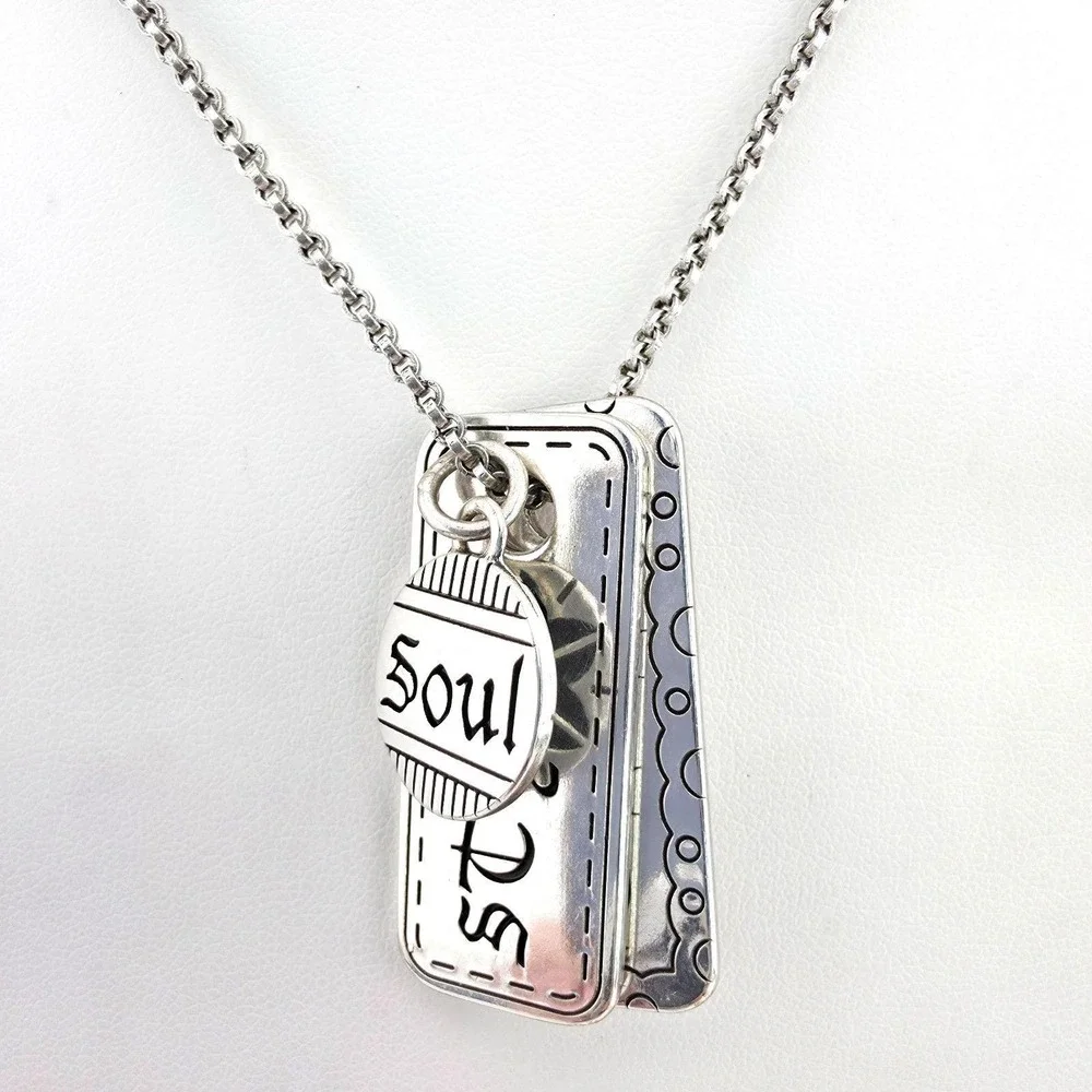 BRIGHTON 'Manuscript' Dog Tag Necklace Heart Soul Dream Believe Silver Plate 18